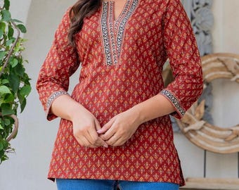 Organic Cotton Floral Print Short Kurta Tunic, Summer Indo Western Wear, 3/4 Sleeve Blouse