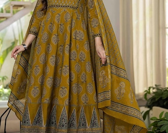 Hand Block Print Cotton Anarkali Kurta Pant Dupatta Set