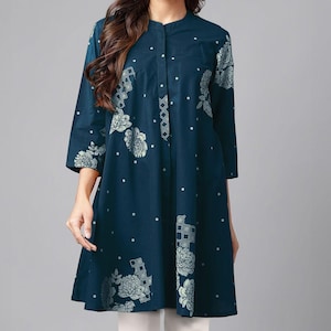 short ethnic dresses Blue Western Ethnic Print Notched Neck Short Sleeve Midi Dress Blue / M / 100%Polyester by Blue Zone Planet