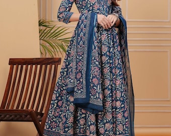 Floral Print Cotton Anarkali Kurti, Pant and Dupatta Set