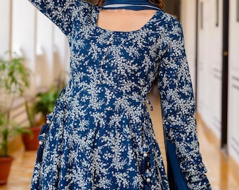 Navy Blue Cotton Anarkali Kurti Set, Floral Print Ethnic Suit