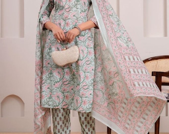 Set Kurti in cotone biologico ricamato, Salwar Kameez indiano, abito pakistano