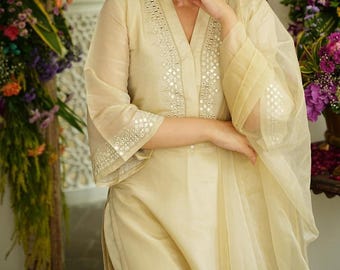 Embroidered Chanderi Kurti Pant Dupatta Set, Indian Salwar Kameez
