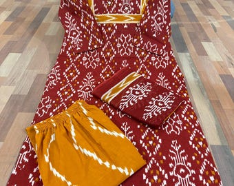 Hand Block Print Cotton Kurti Pant Dupatta Set, Jaipuri Ethnic Dress