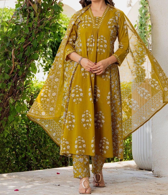 Hand Block Print Anarkali Suit, Organic Cotton Kurta Pant Dupatta Set