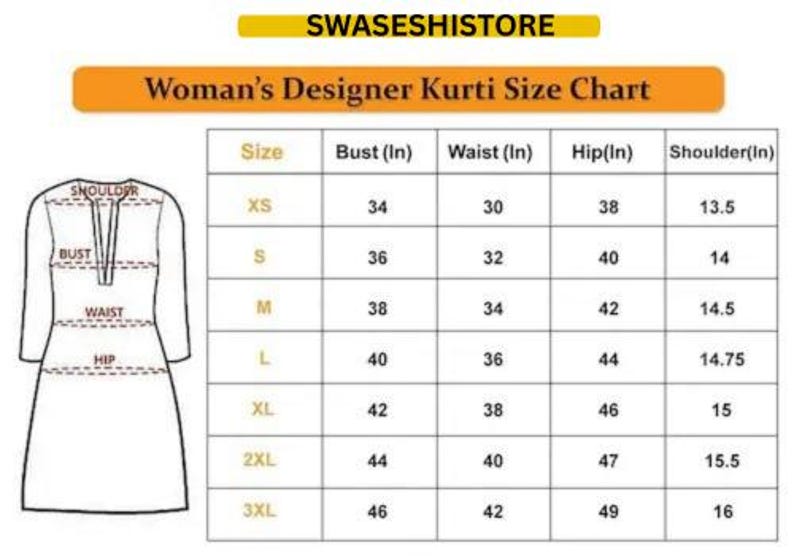 Puede incluir: Tabla de tallas para un Kurti de dise&ntilde;o para mujer, con medidas en pulgadas para busto, cintura, cadera y hombros. Las tallas van de XS a 3XL. La tabla est&aacute; etiquetada como "Woman's Designer Kurti Size Chart". La marca "SWASESHISTORE" est&aacute; en la parte superior.