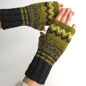 Christmas sister gifts from sister Fingerless gloves Olive green black wool hand knitted fingerless mittens Fair Isle Nature inspired