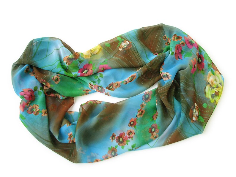 Fashion Fall Accessories Bright Neck Wrap Warmer Women Floral Print Silky Chiffon Infinity Scarf Anniversary Birthday Gift for Girlfriend