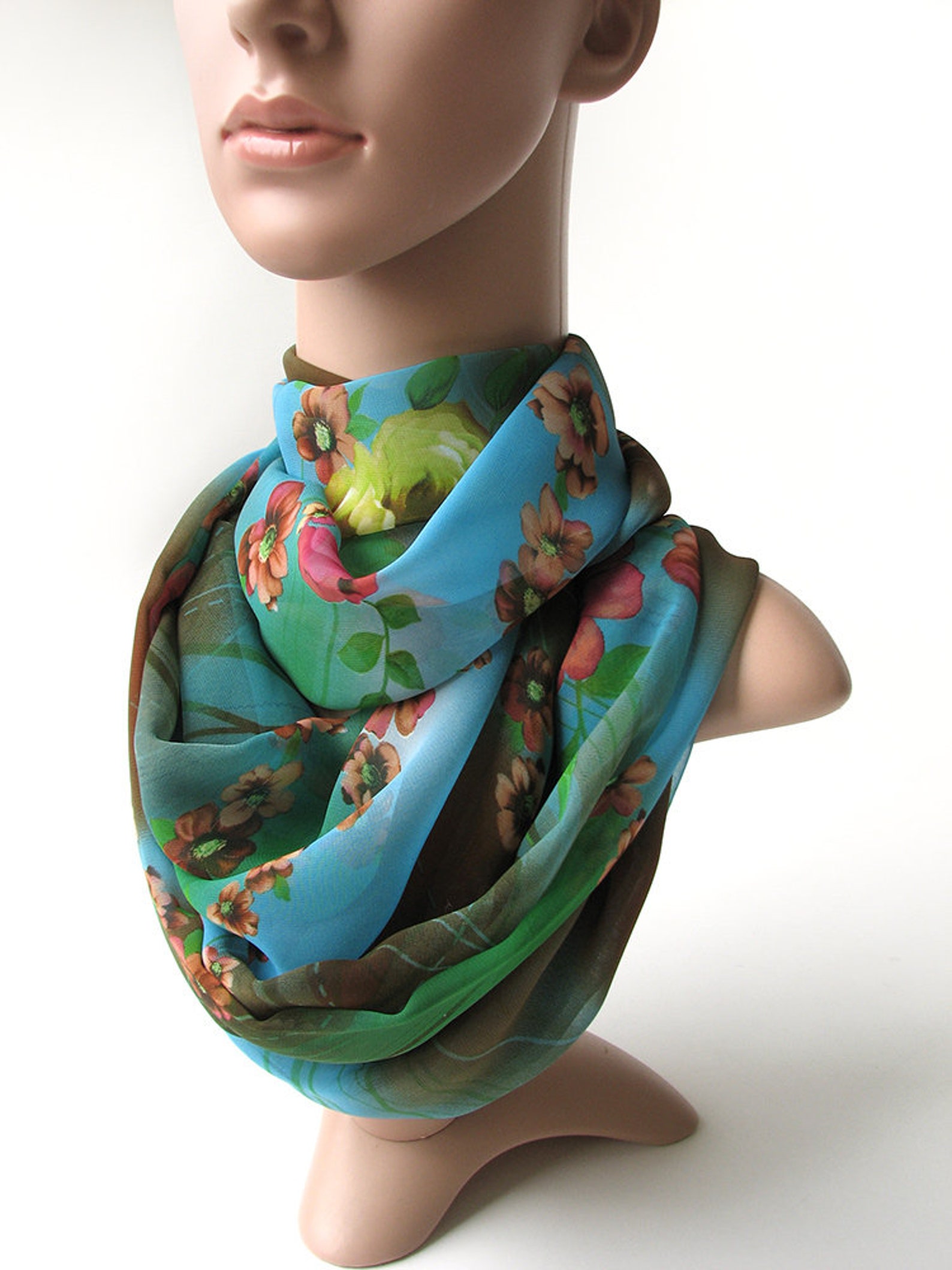 Women Floral Print Silky Chiffon Infinity Scarf, Bright Neck Wrap