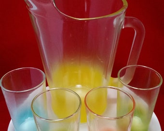 Unique Retro 1960s Blendo Yellow Glass 1 Qt Pitcher with Set of 4 Multi Color Juice Glasses