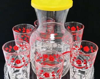 Vintage Federal Red-White Floral Pattern Juice Decanter with Yellow Lid and Set of 6 Matching Juice Glasses