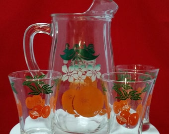 Vintage Retro Oranges with White Blooms Juice Pitcher including 3 Oranges and Vines Juice Glasses