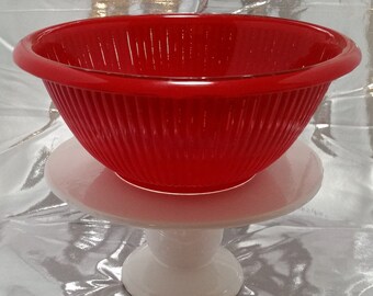 Vintage Red Ribbed Glass Bowl with Rolled Round Edge circa 1940s
