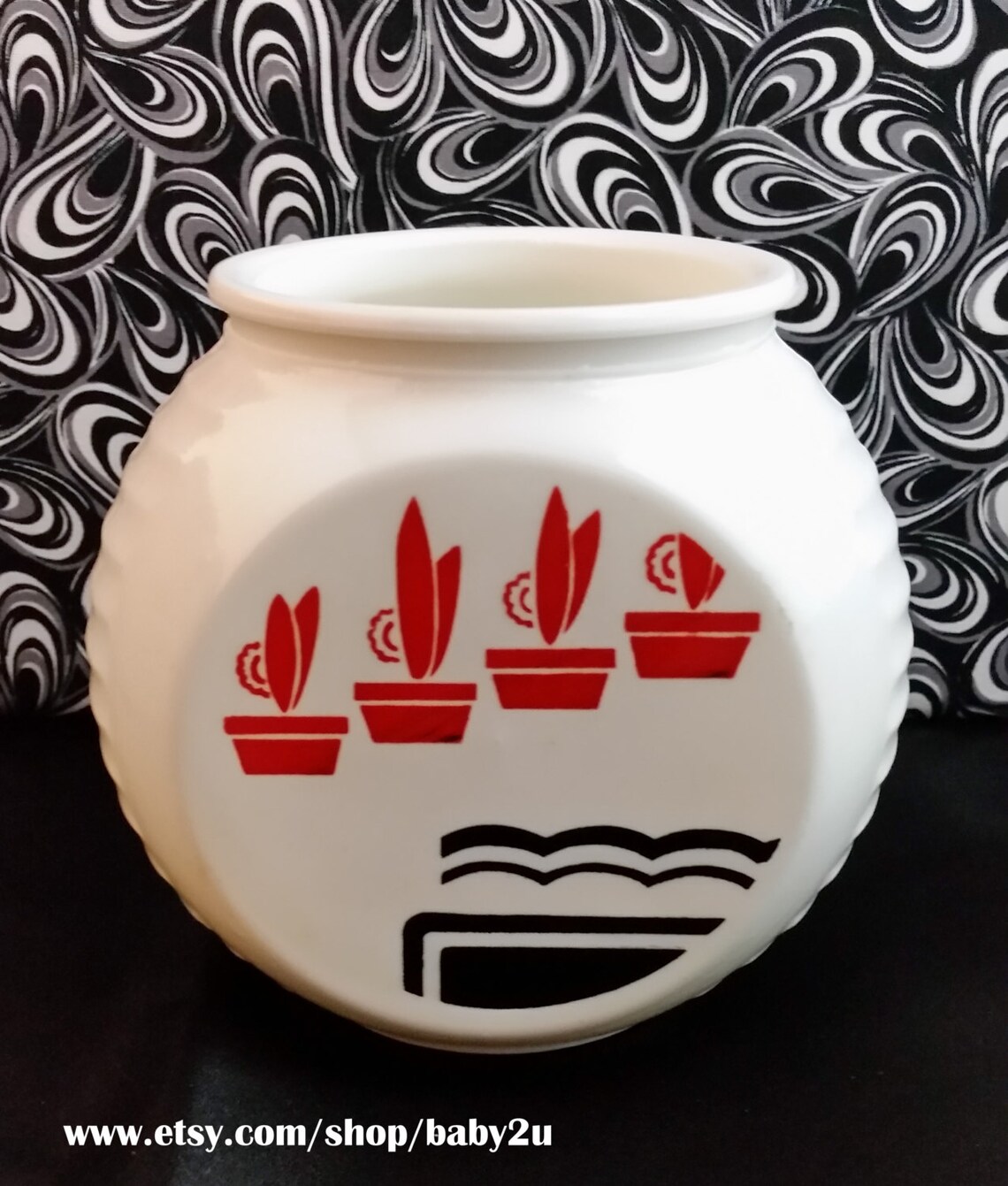 Milk Glass Grease Jar White With Black and Red Tulips no Lid Etsy