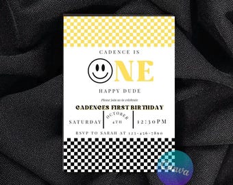 Inbjudan till födelsedag med en glad kille, anpassningsbar mall (digital nedladdning)