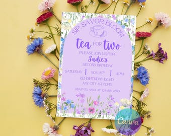 Inbjudan till födelsedag med te för två, blomsterfest (digital nedladdning)
