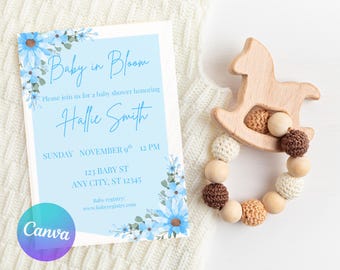 Baby in Bloom Shower-inbjudan, blå blommig (digital nedladdning)