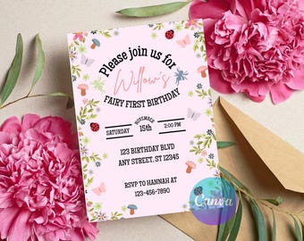 Inbjudan till älva med första födelsedag, redigerbar Canvas-mall (digital nedladdning)