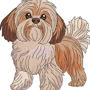 May include: An embroidered illustration of a Shih Tzu dog. The dog has a fluffy, light brown and cream-colored coat with brown accents on the ears and tail. The dog is standing, with a detailed, textured appearance.