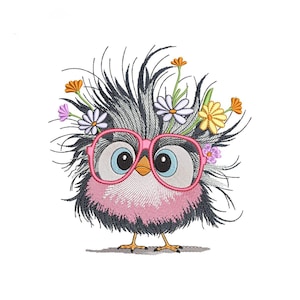 Puede incluir: Un pájaro de dibujos animados caprichoso con gafas rosas y una corona floral. El pájaro tiene un pecho rosa, ojos azules y un pico amarillo. Su cabeza está adornada con margaritas, flores naranjas y flores moradas. Las plumas del pájaro son una mezcla de negro, gris y blanco.
