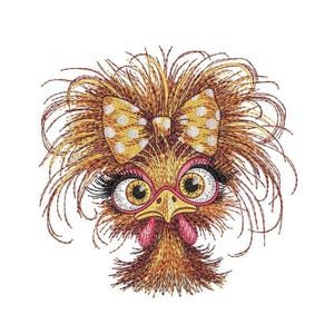 Puede incluir: Imagen bordada de una gallina caprichosa con un lazo amarillo de lunares, gafas con montura rosa y largas pestañas. La gallina tiene plumas marrones y amarillas y una cresta rosa. Adecuado para ropa y decoración del hogar.