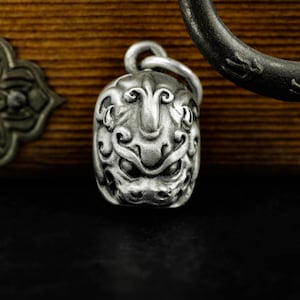 Op de afbeelding: Een gedetailleerde, zilverkleurige hanger met een sierlijk, gestileerd gezichtsontwerp. De hanger heeft een lus aan de bovenkant voor een ketting en is geplaatst tegen een donkere achtergrond. Het gezicht heeft ingewikkelde details.