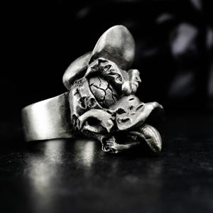 May include: A detailed silver ring with a unique, sculptural design. The ring features an abstract, textured form with a cracked center and a protruding element, set against a dark background. The ring's band is smooth and polished.