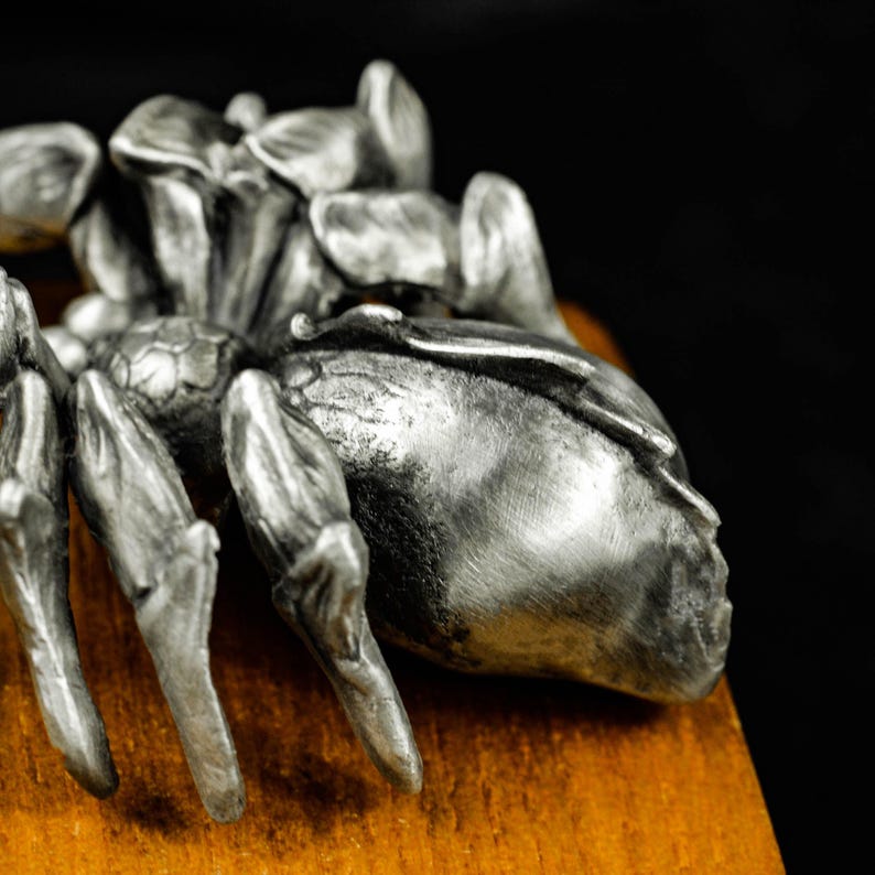 May include: A detailed, silver-colored spider sculpture with intricate detailing. The spider is positioned on a wooden surface, with a dark background. The sculpture's legs and body are clearly defined, showcasing the craftsmanship.