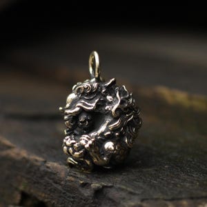 Könnte beinhalten: Detaillierter Bronzeanhänger, der ein Fabelwesen mit komplizierten Details darstellt. Der Anhänger hat eine Schlaufe für eine Kette und ist vor einem dunklen Hintergrund platziert. Die Kreatur hat ein löwenartiges Gesicht und einen gekräuselten Körper.
