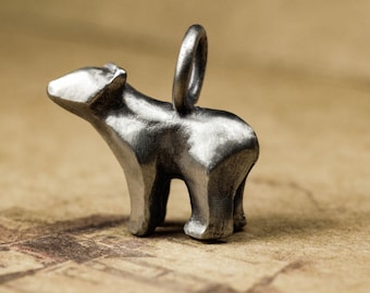 Sterling silver geometric polar bear necklace, forest-themed animal jewelry, mini distressed bear pendant.