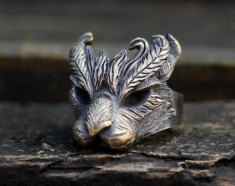 Fox spirit/fox god ring, ring featuring the fox, the messenger of the Japanese god Inari, nine-tailed fox