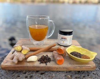ImmuniTea: An instant tea powder blend of ginger, turmeric, cinnamon, black pepper, garlic, clove, and cayenne pepper.