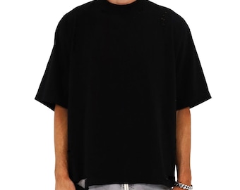 Distressed Oversized Heavyweight Cotton Tee - Vintage-Style Drop Shoulder