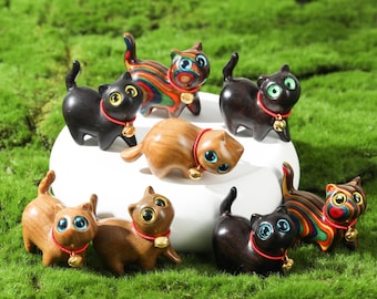 Escultura de gato em madeira feita à mão, estatueta de madeira gravada com nome, estátua de animal fofo, decoração de mesa, presente exclusivo para amantes de gatos, ornamento de gato em madeira