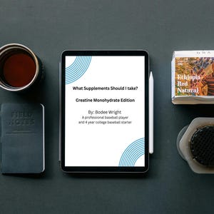 Może przedstawiać: Widok z góry na ciemną powierzchnię z tabletem, filiżanką kawy, notatnikiem, długopisem i sprzętem do parzenia kawy. Tablet wyświetla "What Supplements Should I take? Creatine Monohydrate Edition". Małe pudełko z napisem "Ethiopia Red Natural".