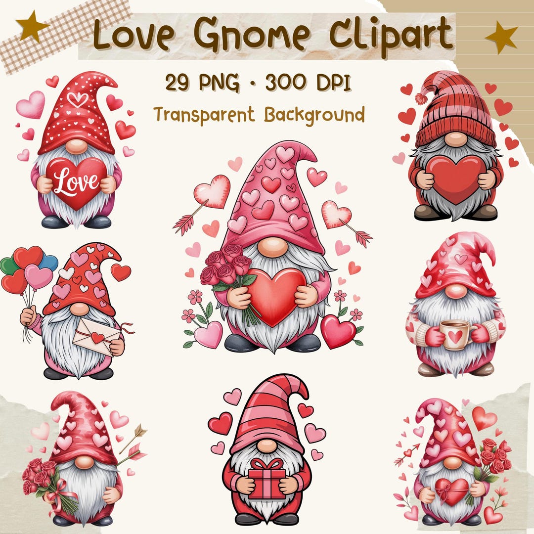 Valentine Love Gnome Clipart PNG Bundle, Romantic Heart Gnome ...