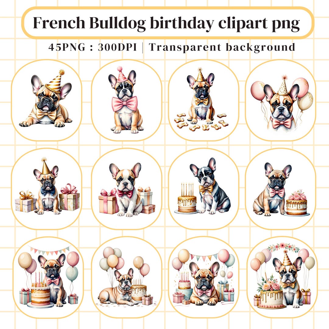 French Bulldog Birthday Clipart PNG Bundle, Party Dog Cake Balloon Gift ...