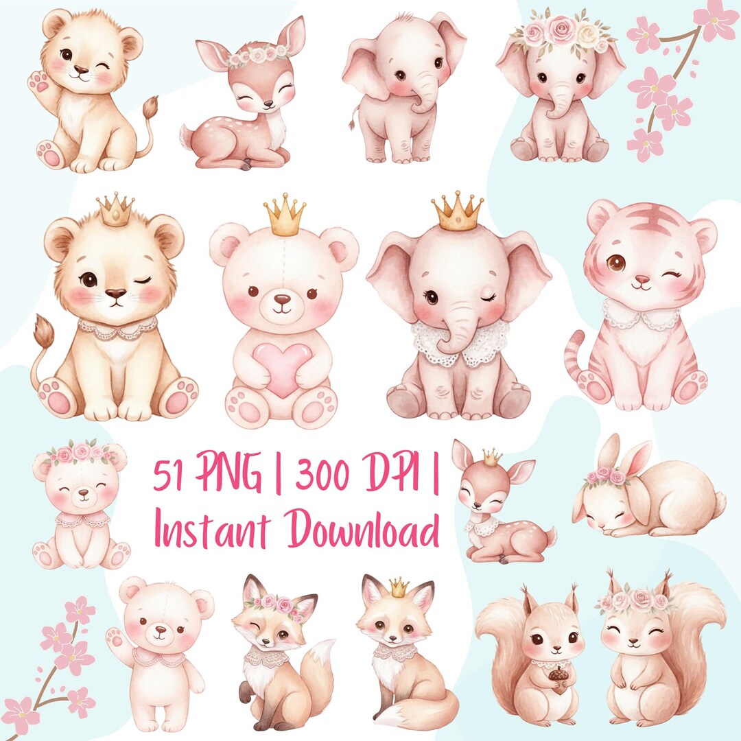 Baby Animals Clipart Bundle | Pink Watercolor Woodland Nursery Animals ...