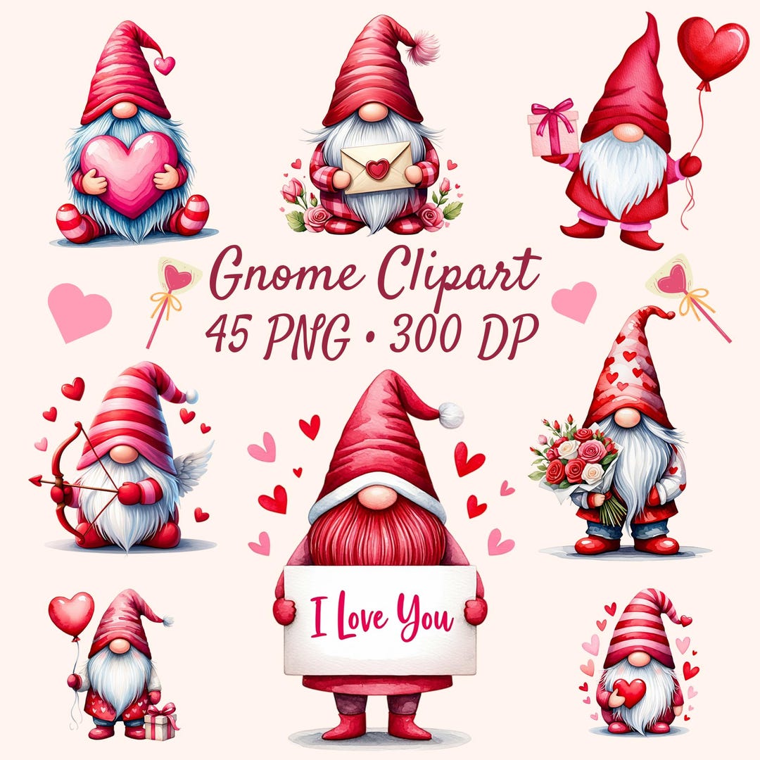 Valentine Gnome Clipart PNG Bundle, Romantic Illustration (300 DPI) - Etsy