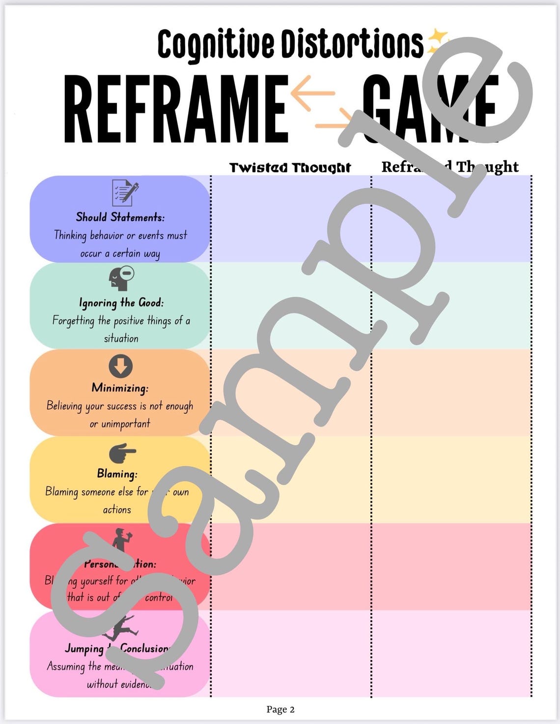 Cognitive Distortions & Negative Thinking - Reframe Game Worksheet ...
