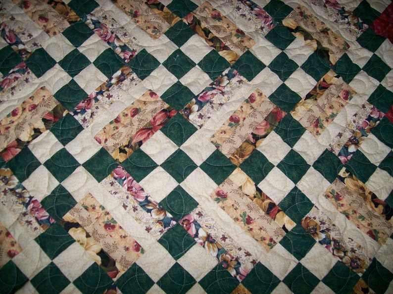 Mauve Queen Size Floral Quilt in Earthtones Green and Beige