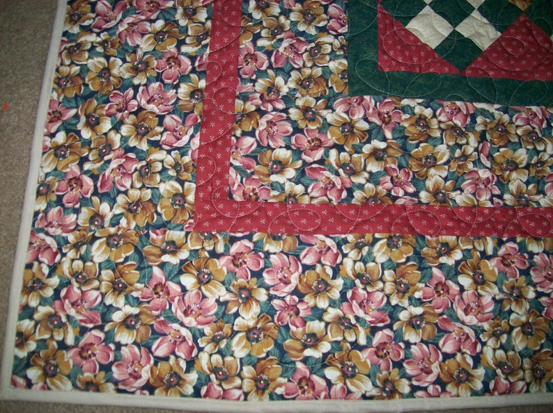 Mauve Queen Size Floral Quilt in Earthtones Green and Beige