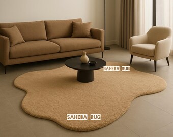 Irregular Organic Shape Beige Hand-Tufted Wool Rug Carpet For Living Room, Bedroom 5x8