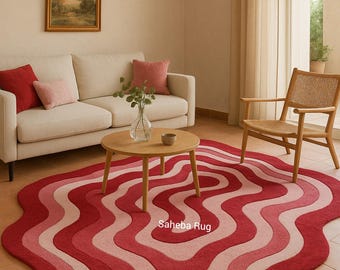 Irregular Wavy Rug | Red & Pink Abstract Wool Carpet