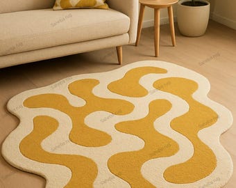 Hand Tufted Wool Rug, Irregular Mustard Yellow Cream Wavy Carpet 4x6