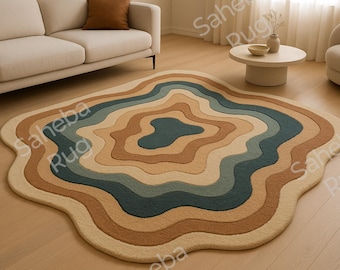 Hand Tufted Wool Rug | Abstract Wavy Layers, Earth Tone Carpet