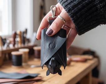 Leather Bat Coin Purse, Gothic Bat Wallet, Handmade Bat Keychain Pouch, Halloween Leather Coin Bag, Zipper Bat Purse Gift for Her Him