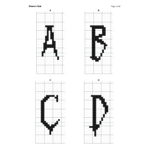 May include: A cross-stitch pattern document titled Widow's Web, Page 1 of 20, featuring four black pixelated letters A, B, C, and D arranged in a grid. Each letter is composed of individual black squares on a white graph paper background.