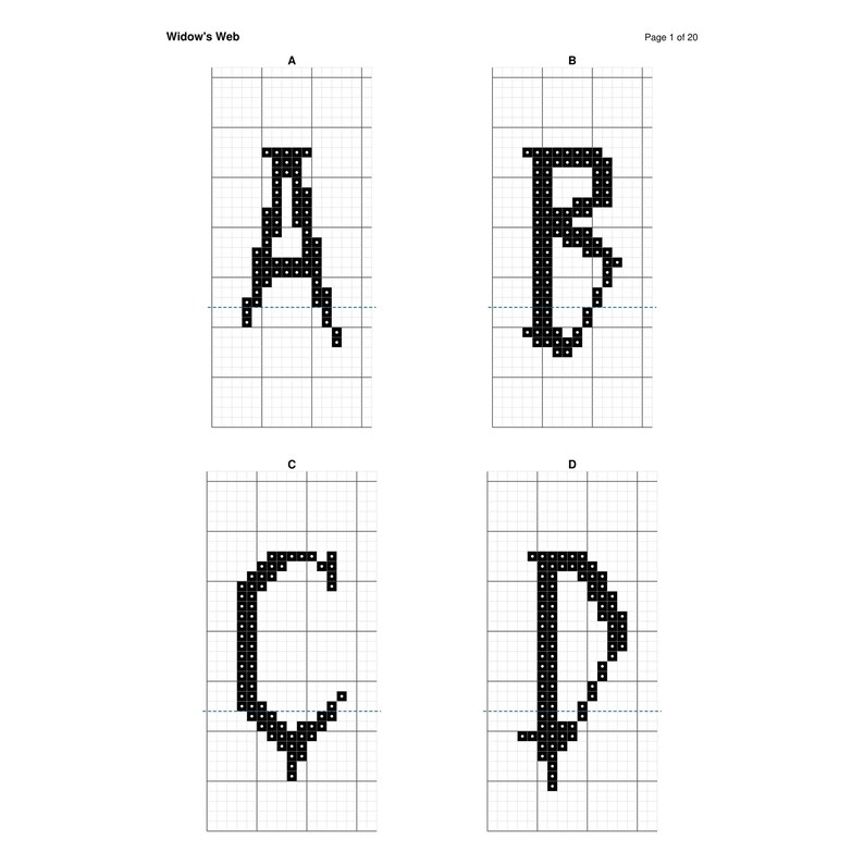 May include: A cross-stitch pattern document titled Widow's Web, Page 1 of 20, featuring four black pixelated letters A, B, C, and D arranged in a grid. Each letter is composed of individual black squares on a white graph paper background.