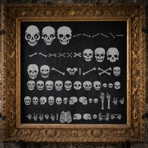May include: A black fabric piece featuring a white pixel art pattern of various human skulls, bones, hands, and a rib cage, displayed within an ornate, rectangular, metallic gold-colored frame with intricate relief carvings.